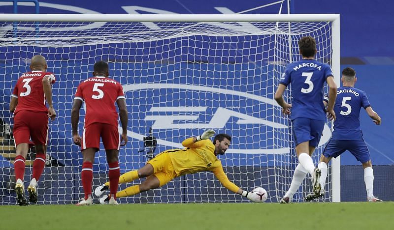 Alisson Becker saves Jorginho's penalty